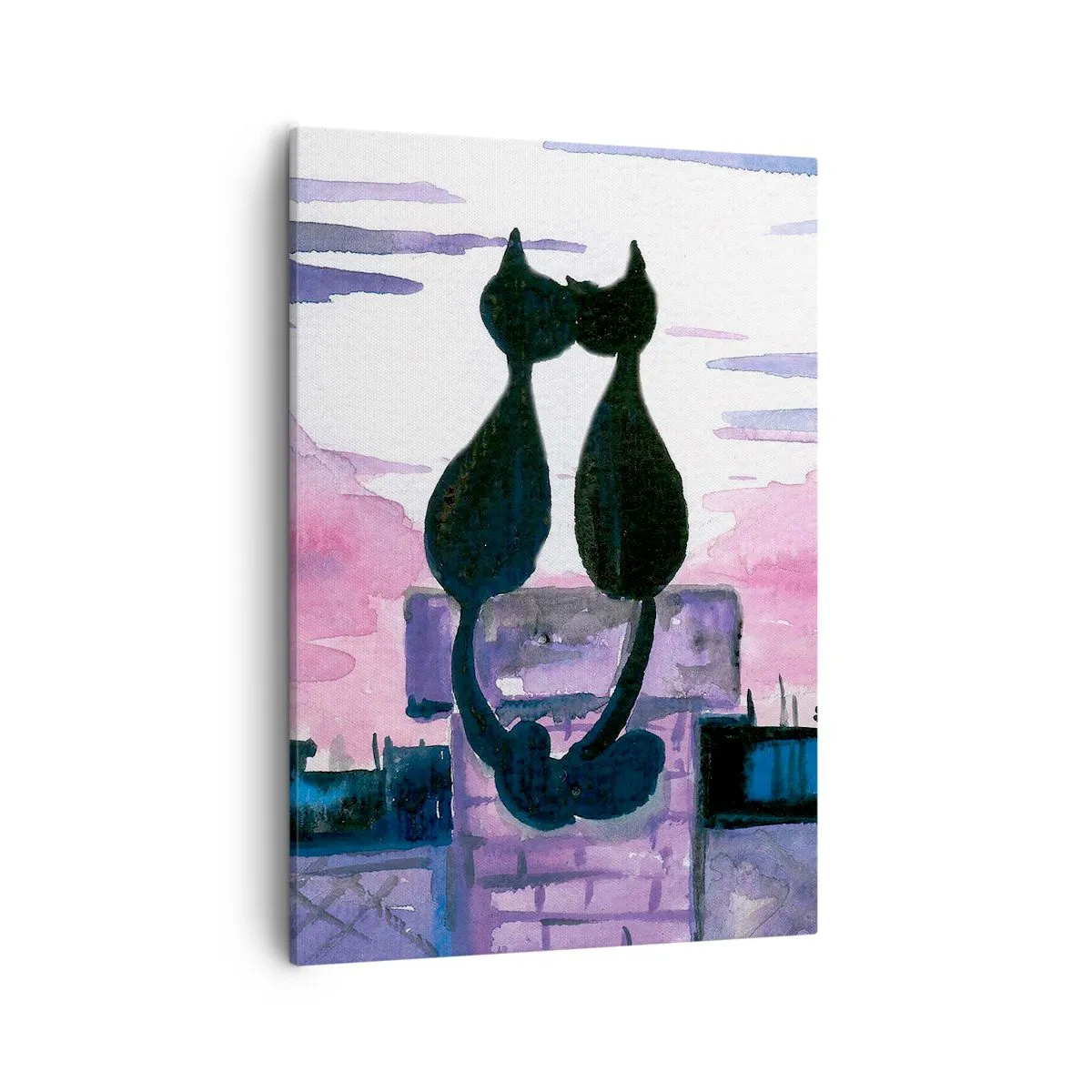 Bild auf Leinwand - Leinwandbild - Schwarze Katzen auf einem Dach im Mondlicht in einer Aquarell-Kulisse - 50x70cm - Rendez-vous unter dem Mond - Moderne Wanddekoration für Wohnzimmer und Schlafzimmer ARTTOR