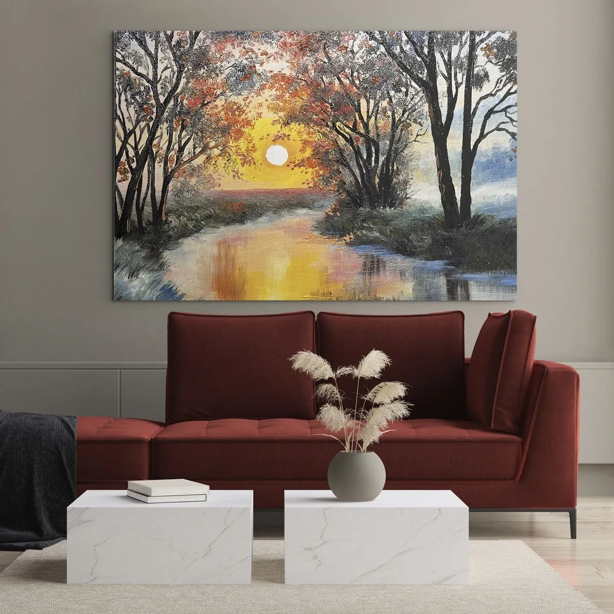 Glasbild - Bild auf glas - Sonnenuntergang über dem Fluss zwischen den Bäumen - 70x50cm - Herbststimmung - Moderne Wanddekoration für Wohnzimmer und Schlafzimmer ARTTOR