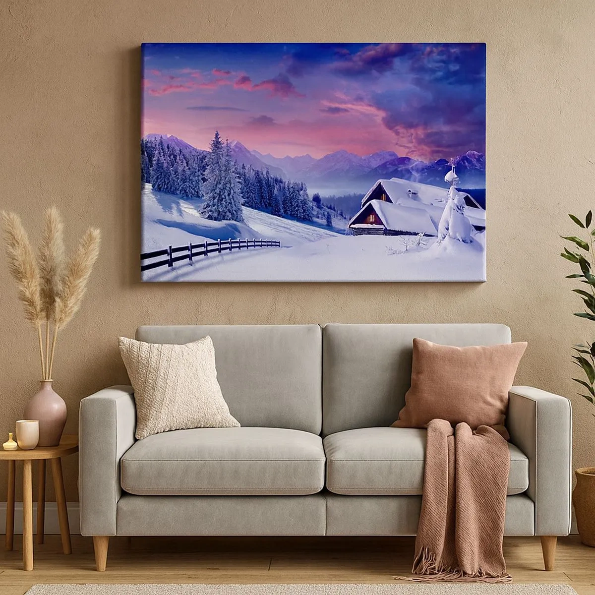 Bild auf Leinwand - Leinwandbild - Winterlandschaft mit Berghütten bei Sonnenuntergang - 70x50cm - Stille Nacht - Moderne Wanddekoration für Wohnzimmer und Schlafzimmer ARTTOR