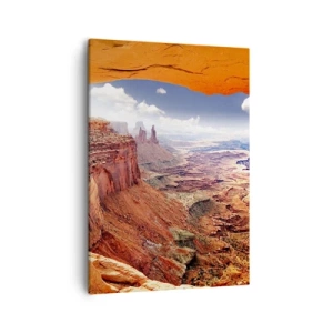 Bild auf Leinwand - Leinwandbild - Canyon durch ein Felsfenster mit warmen Felstönen gesehen - 50x70cm - Von der Natur selbst geschnitzt - Moderne Wanddekoration für Wohnzimmer und Schlafzimmer ARTTOR