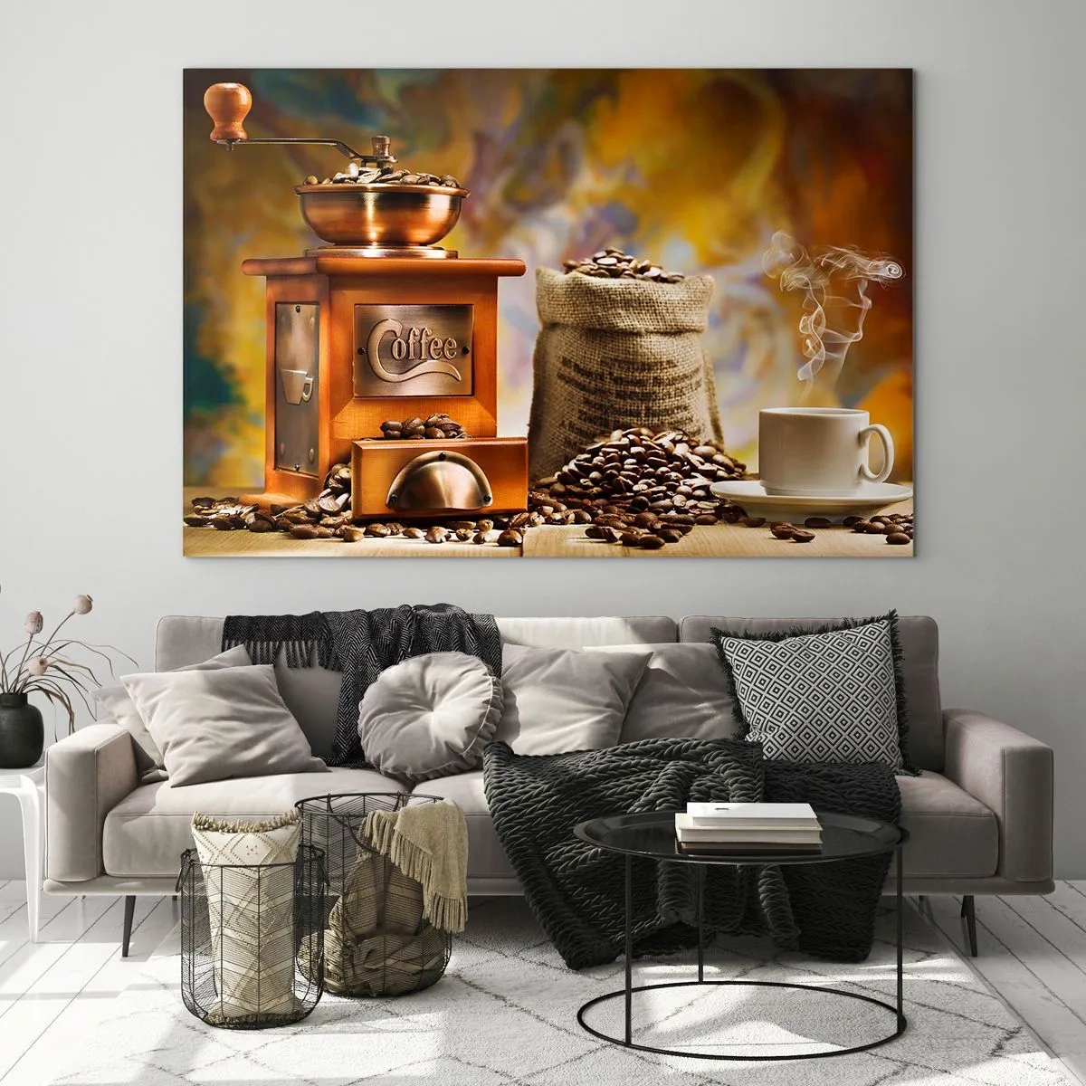 Glasbild - Bild auf glas - Kaffeemühle, Bohnen und eine Tasse auf einem Holztisch - 70x50cm - Das Knirschen der Körner, das Rasseln einer Mühle - Moderne Wanddekoration für Wohnzimmer und Schlafzimmer ARTTOR