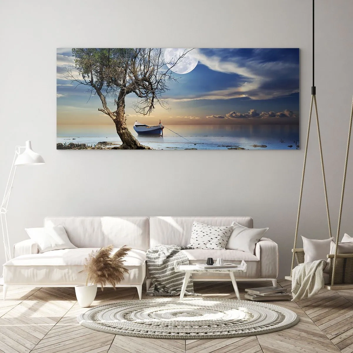 Glasbild - Bild auf glas - Ein einsamer Baum und ein Boot auf ruhigem Wasser unter Vollmond. - 140x50cm - Ist das das Ende oder der Anfang? - Moderne Wanddekoration für Wohnzimmer und Schlafzimmer ARTTOR