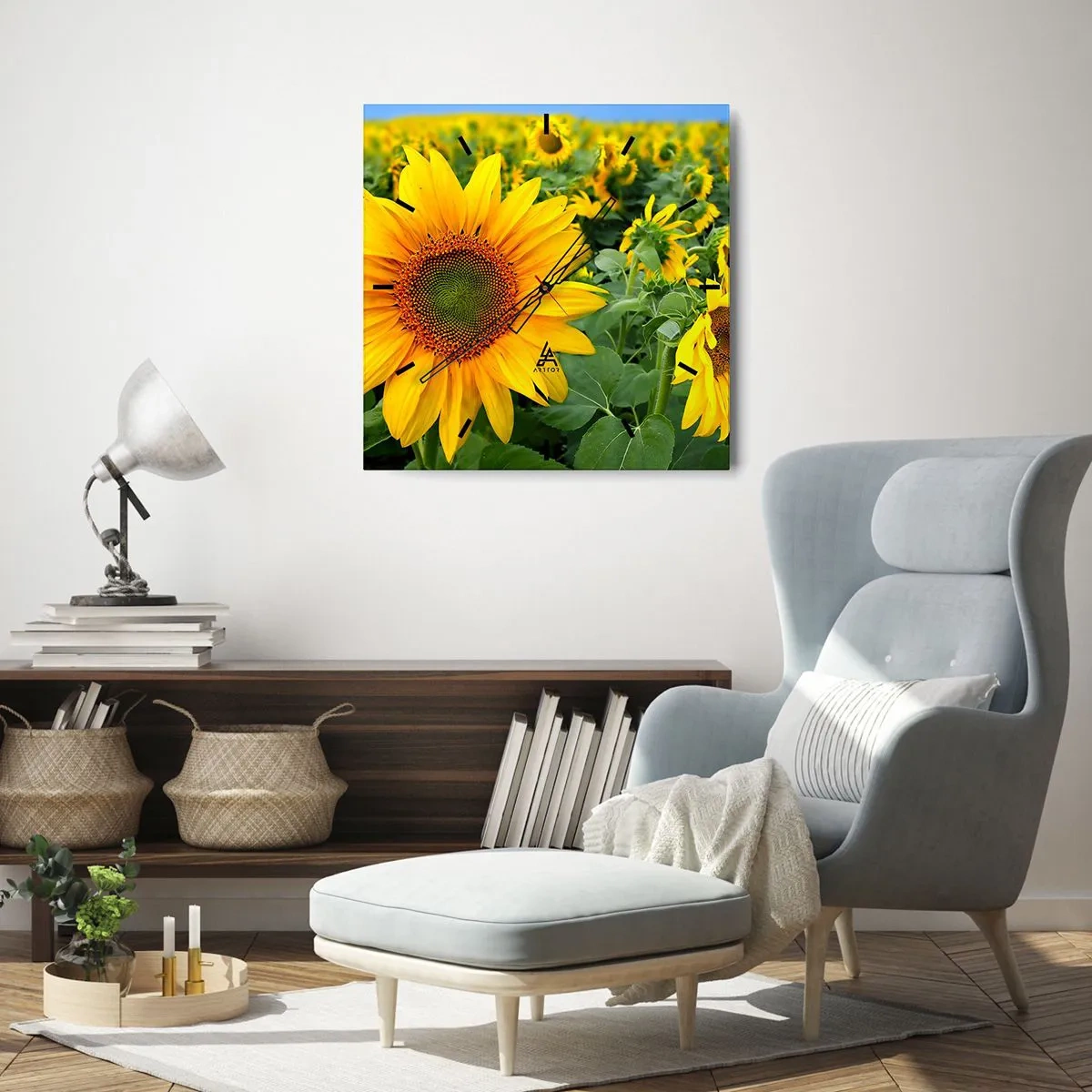 Wanduhr - Glasuhr - Ein Feld mit Sonnenblumen und gelben Blüten vor einem Hintergrund aus grünen Blättern - 30x30cm - Hunderte von Sonnen flammten auf - Moderne Wanddekoration für Wohnzimmer und Schlafzimmer ARTTOR