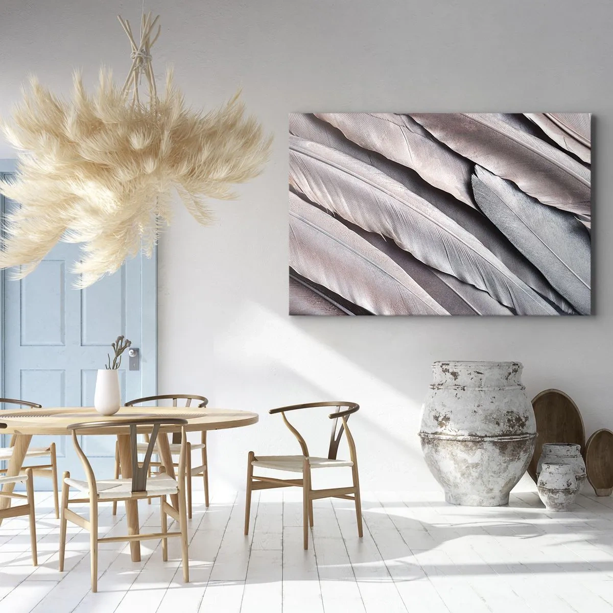 Bild auf Leinwand - Leinwandbild - Zarte Federn in dezenten Grau- und Beigetönen - 120x80cm - In rosa Silber - Moderne Wanddekoration für Wohnzimmer und Schlafzimmer ARTTOR