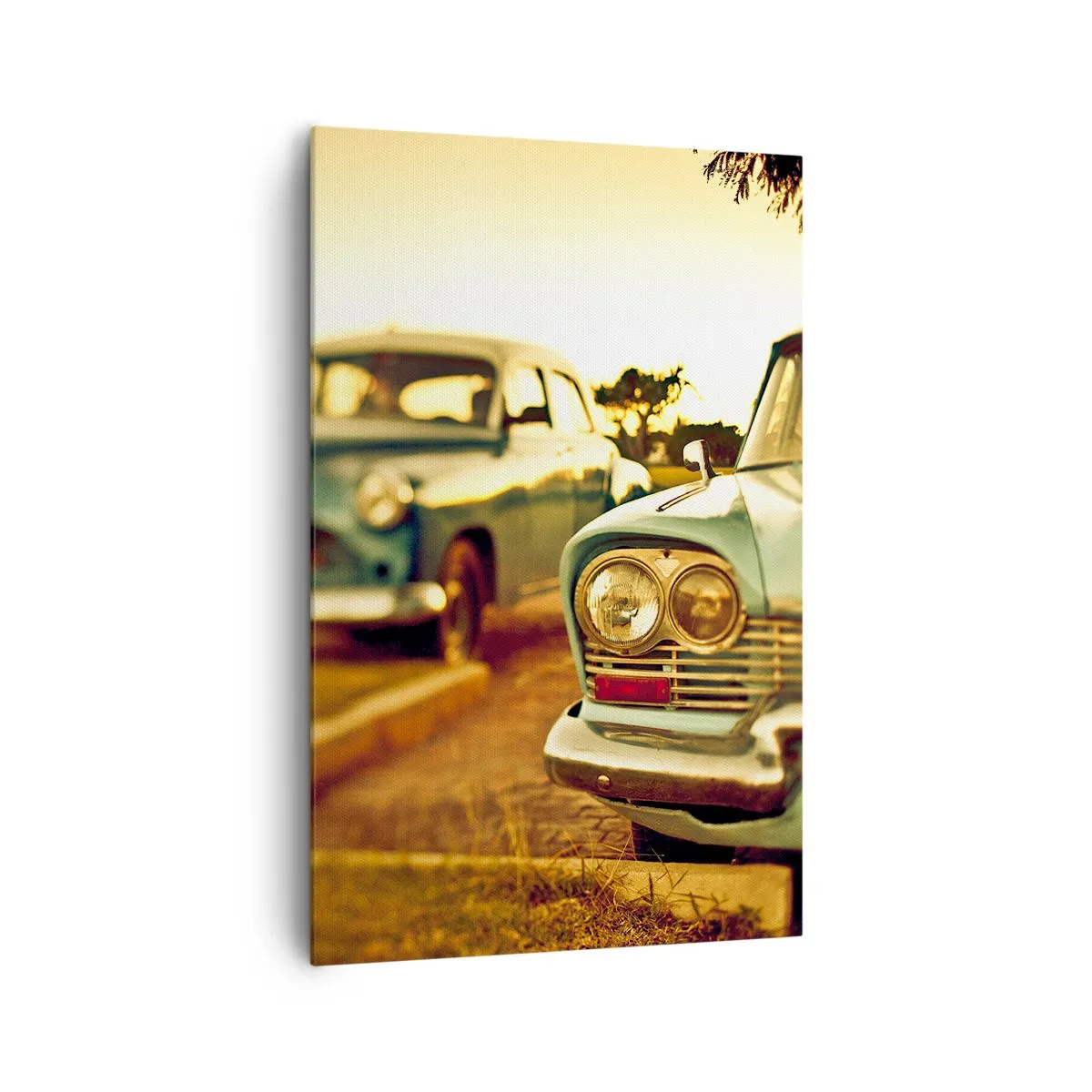 Bild auf Leinwand - Leinwandbild - Oldtimer im warmen Licht des Sonnenuntergangs - 80x120cm - Wir werden abwarten und sehen - Moderne Wanddekoration für Wohnzimmer und Schlafzimmer ARTTOR