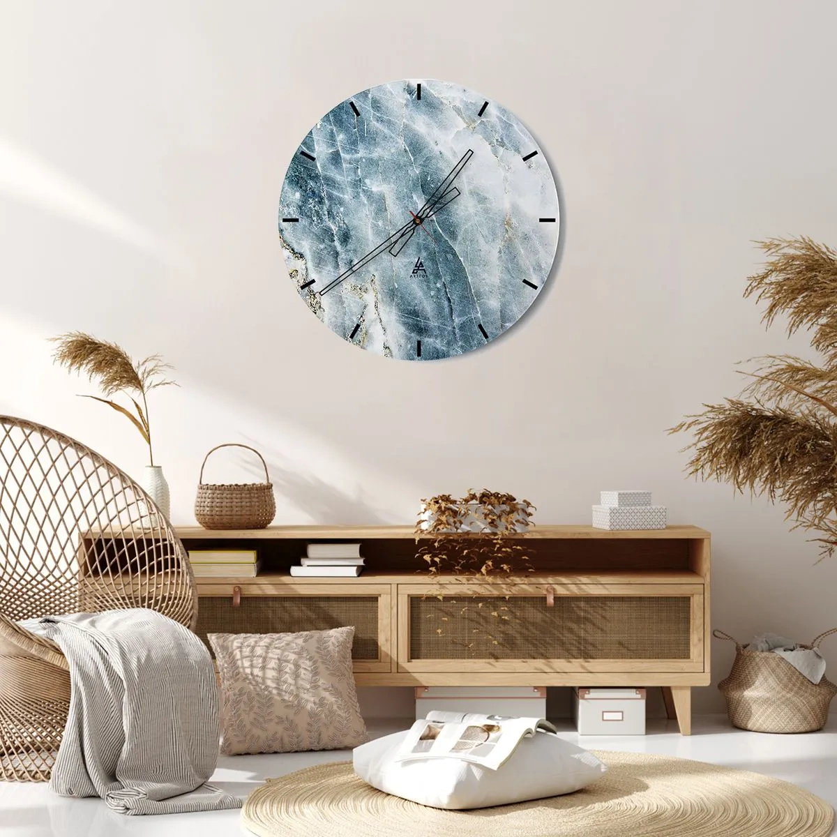 Wanduhr - Glasuhr - Marmorstruktur in Blau- und Grautönen mit zarten Goldakzenten - 30x30cm - Eiswelt - Moderne Wanddekoration für Wohnzimmer, Küche und Schlafzimmer ARTTOR
