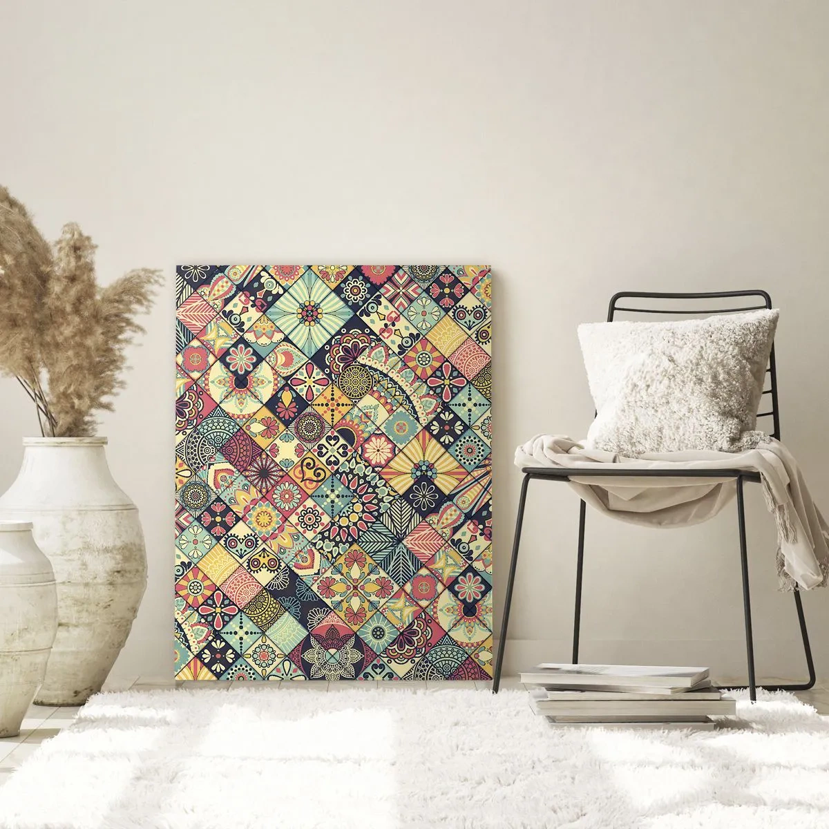 Glasbild - Bild auf glas - Bunte geometrische Muster, inspiriert vom marokkanischen Stil - 70x100cm - marokkanische Atmosphäre - Moderne Wanddekoration für Wohnzimmer und Schlafzimmer ARTTOR