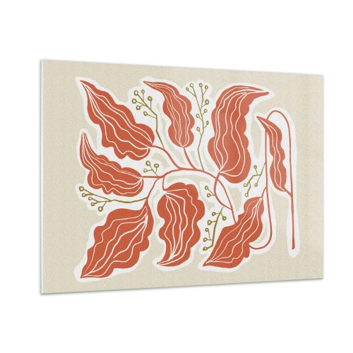 Glasbild - Bild auf glas - Korallenblätter mit volkstümlichem Muster auf hellem Hintergrund - 100x70cm - Im Folkstil und korallenartig - Moderne Wanddekoration für Wohnzimmer und Schlafzimmer ARTTOR