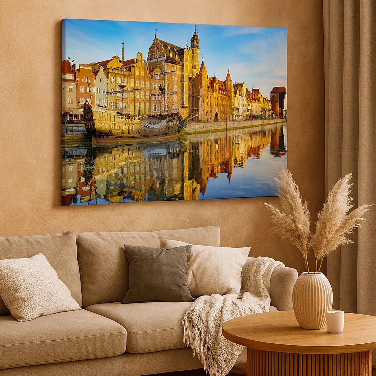 Bild auf Leinwand - Leinwandbild - Ein malerischer Blick auf die Altstadt mit einem Segelschiff und Wasser - 70x50cm - Ein Spiegelbild der Vergangenheit - Moderne Wanddekoration für Wohnzimmer und Schlafzimmer ARTTOR