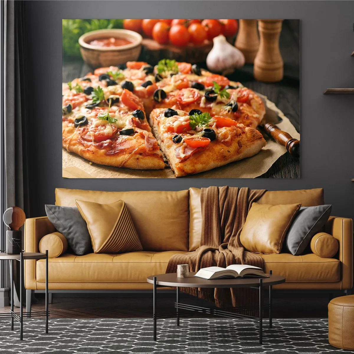 Glasbild - Bild auf glas - Appetitliche Pizza mit Tomaten, Oliven und Kräutern - 100x70cm - Du bist schon wieder davongekommen - Moderne Wanddekoration für Wohnzimmer und Schlafzimmer ARTTOR