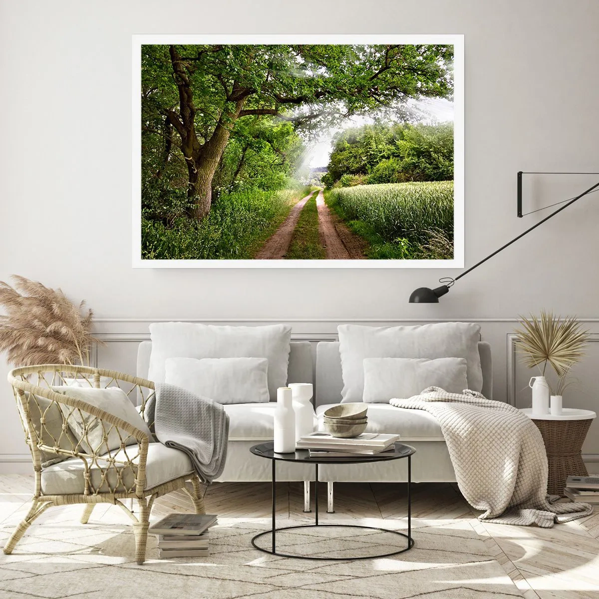 Poster - Eine unbefestigte Straße zwischen grünen Bäumen und Sonnenlicht - 100x70cm - Et in Arcadia ego - Moderne Wanddekoration für Wohnzimmer und Schlafzimmer ARTTOR