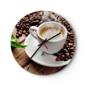 Wanduhr - Glasuhr - Eine Tasse Kaffee mit Bohnen auf einem hölzernen Hintergrund - 30x30cm - Kaffee auf der Bank - Moderne Wanddekoration für Wohnzimmer, Küche und Schlafzimmer ARTTOR