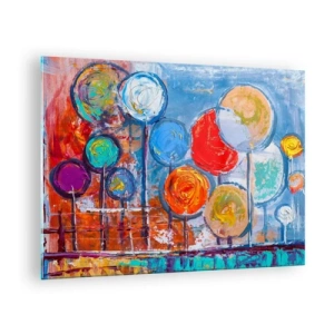 Glasbild - Bild auf glas - Bunte, abstrakte Bäume, die gegen den Himmel gemalt sind - 70x50cm - Wunder am Stiel - Moderne Wanddekoration für Wohnzimmer und Schlafzimmer ARTTOR