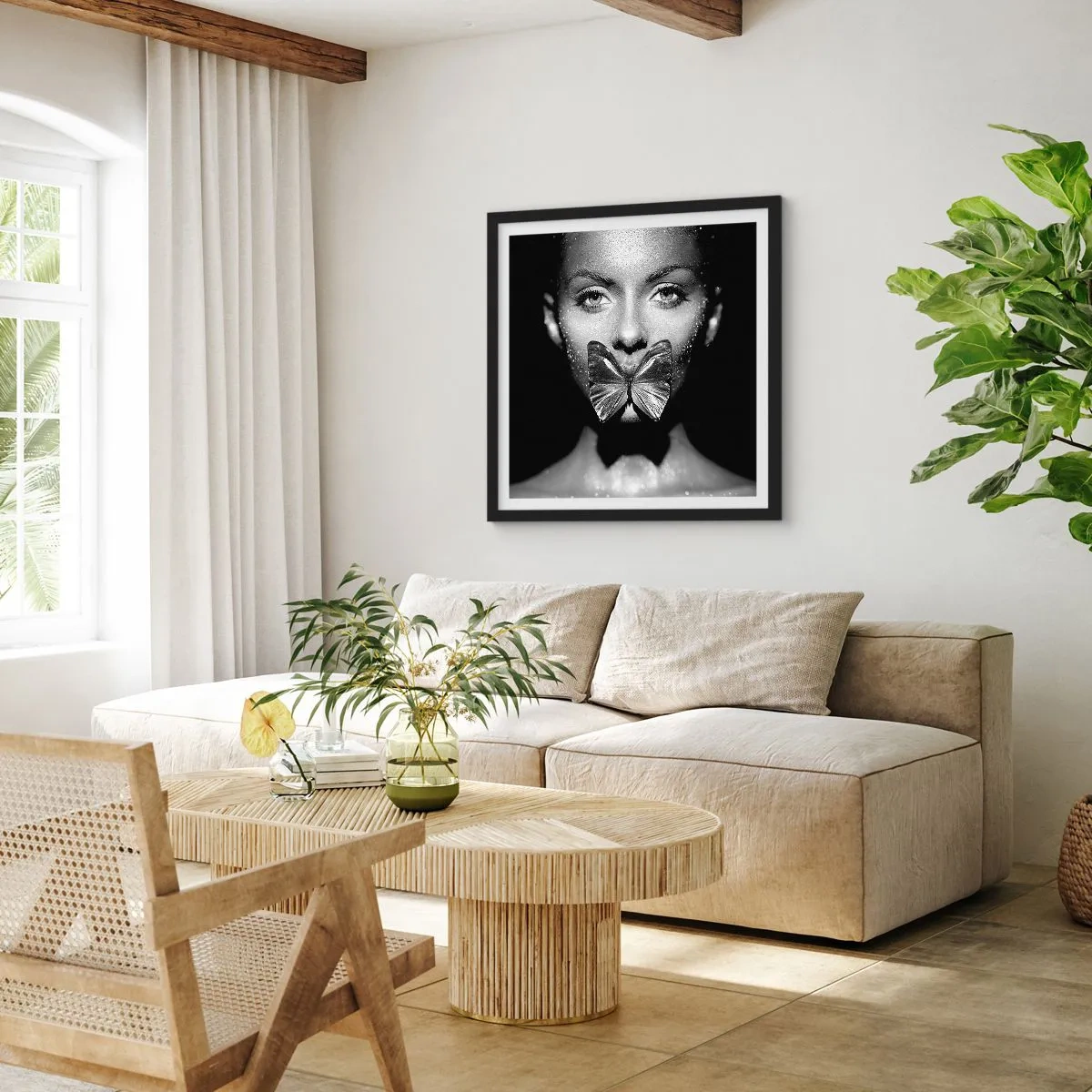 Poster in einem schwarzem Rahmen - Schmetterlingskuss - 40x40 cm