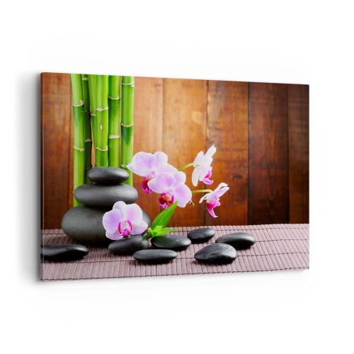 Bild auf Leinwand - Leinwandbild - Bambus, Steine und rosa Orchideen im Zen-Stil auf Holzhintergrund - 120x80cm - Treffen Sie die Freuden des Ostens - Moderne Wanddekoration für Wohnzimmer und Schlafzimmer ARTTOR