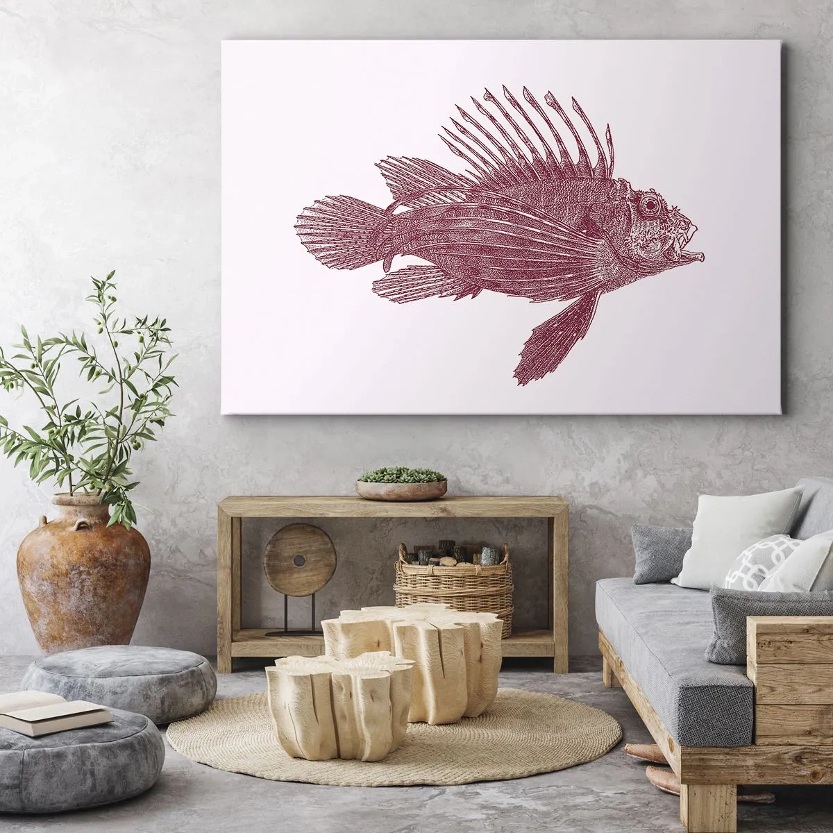 Bild auf Leinwand - Leinwandbild - Zeichnung eines Fisches in einem roten Farbton - 70x50cm - Bewohner exotischer Gewässer - Moderne Wanddekoration für Wohnzimmer und Schlafzimmer ARTTOR