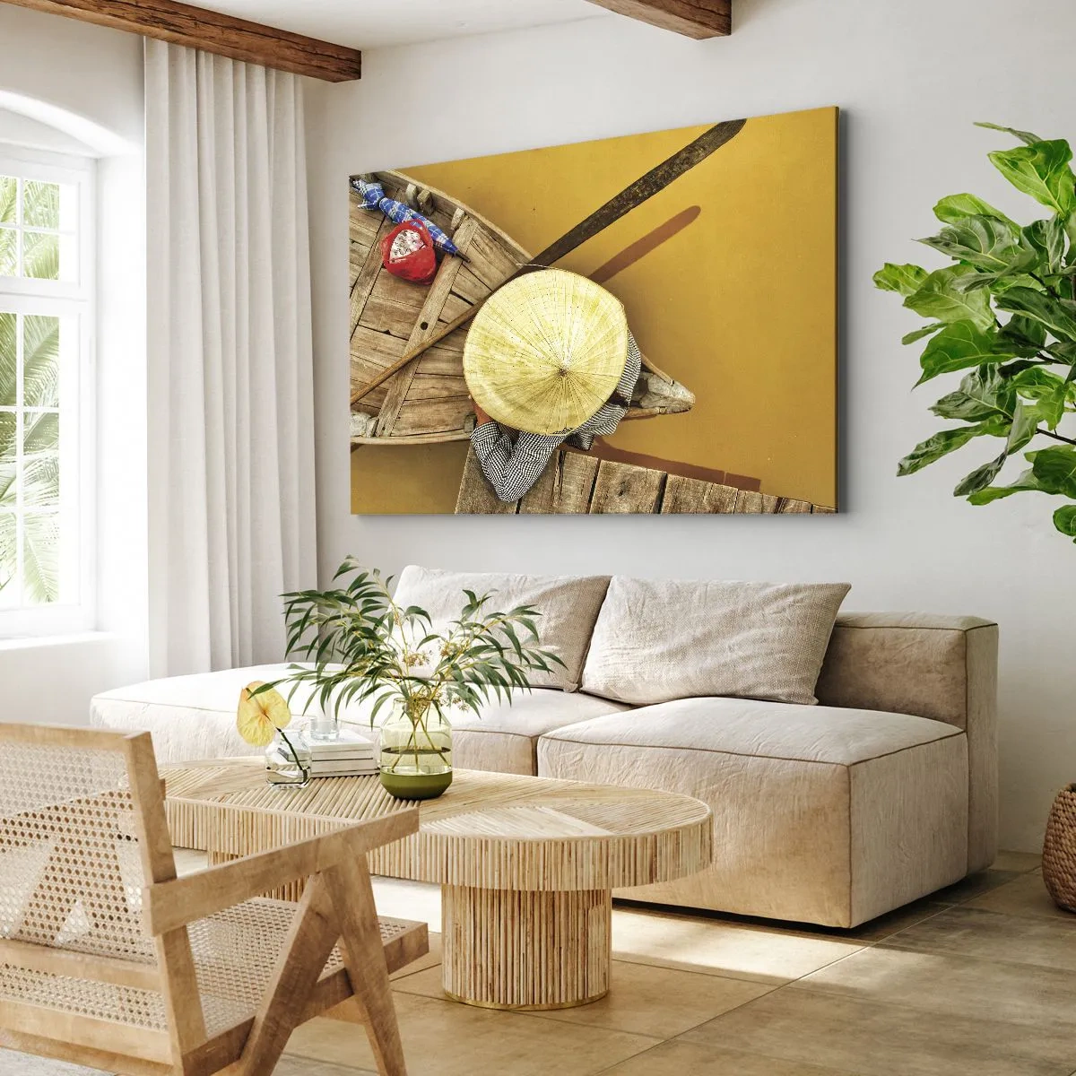 Bild auf Leinwand - Leinwandbild - Ein traditionelles Boot aus der Vogelperspektive - 70x50cm - Leben am Gelben Fluss - Moderne Wanddekoration für Wohnzimmer und Schlafzimmer ARTTOR