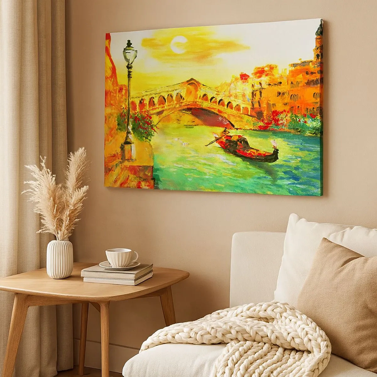 Bild auf Leinwand - Leinwandbild - Eine malerische Brücke über den Kanal mit einer Gondel im Licht der untergehenden Sonne - 70x50cm - Eine Pilgerreise der Liebenden - Moderne Wanddekoration für Wohnzimmer und Schlafzimmer ARTTOR