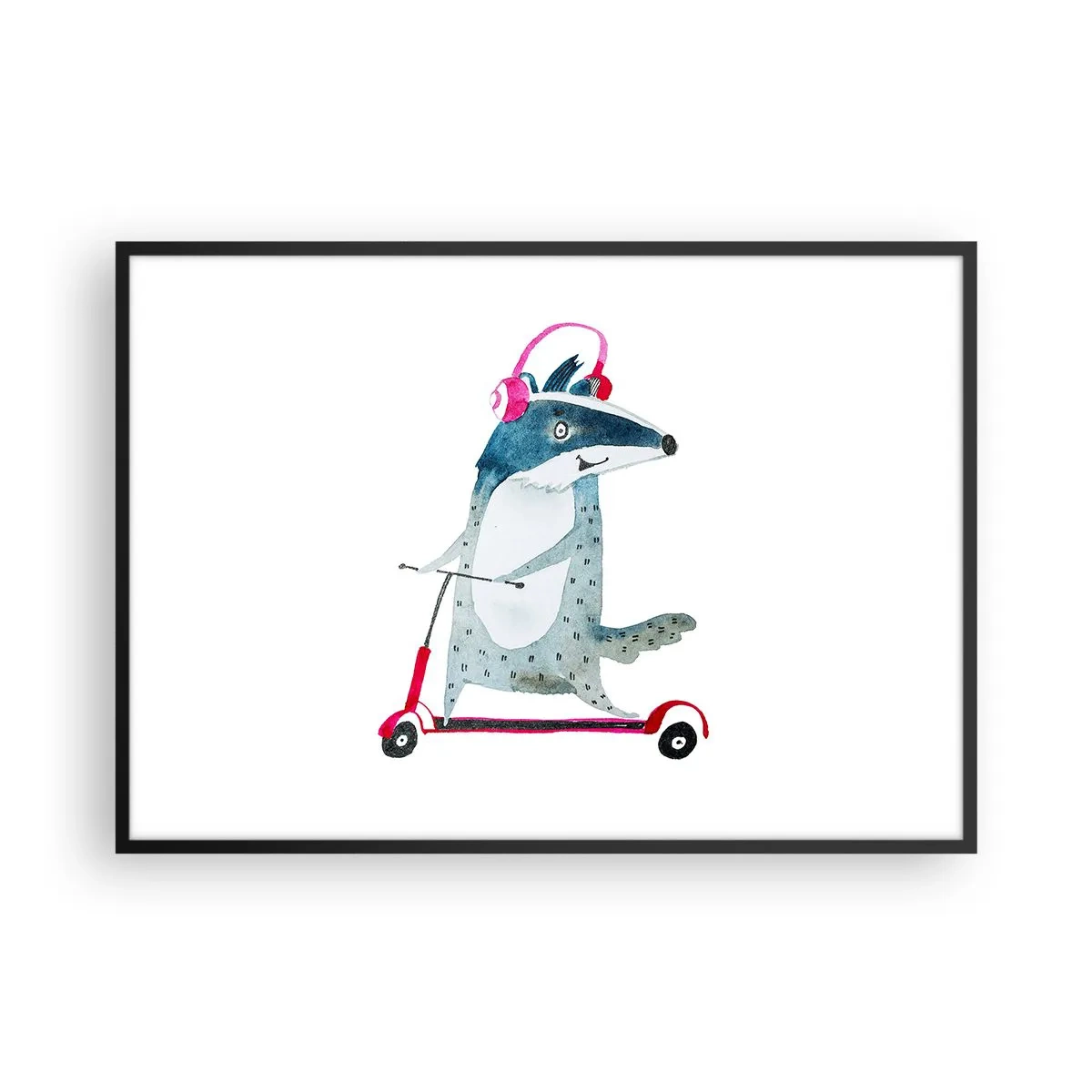 Poster in einem schwarzem Rahmen - Dachs auf einem Roller mit rosa Kopfhörern - 100x70cm - Dachsfreude - Moderne Wanddekoration für Wohnzimmer und Schlafzimmer ARTTOR