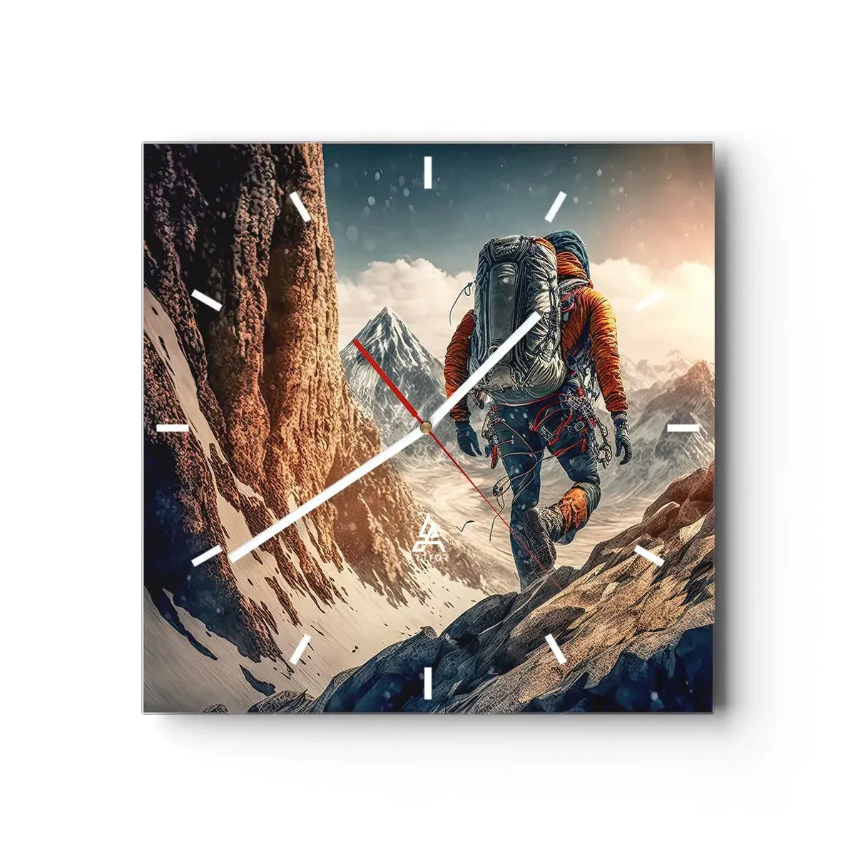 Wanduhr - Glasuhr - Ein Bergsteiger auf einem Bergpfad in einer Winterlandschaft - 30x30cm - Einsamer Krieger - Moderne Wanddekoration für Wohnzimmer und Schlafzimmer ARTTOR