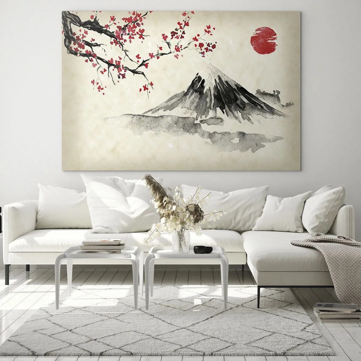 Glasbild - Bild auf glas - Japanisches Aquarell eines Berges und eines blühenden Zweiges - 70x50cm - Liebe Japan - Moderne Wanddekoration für Wohnzimmer und Schlafzimmer ARTTOR