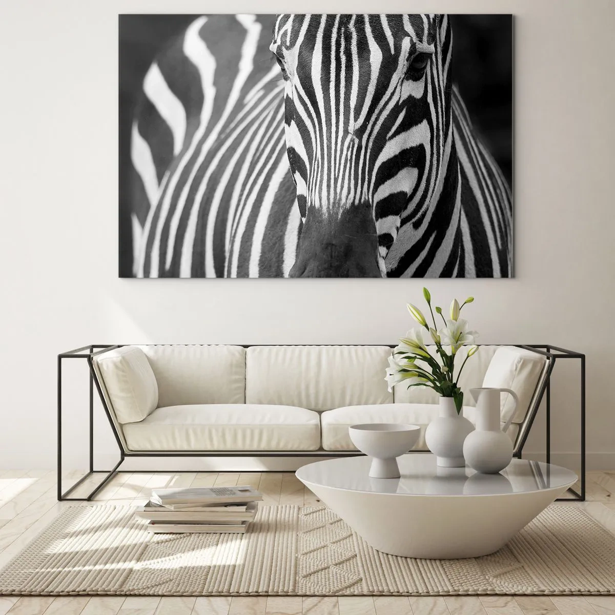 Glasbild - Bild auf glas - Schwarz-Weiß-Porträt eines Zebras mit sichtbaren Streifen - 70x50cm - Die Welt ist schwarz und weiß - Moderne Wanddekoration für Wohnzimmer und Schlafzimmer ARTTOR