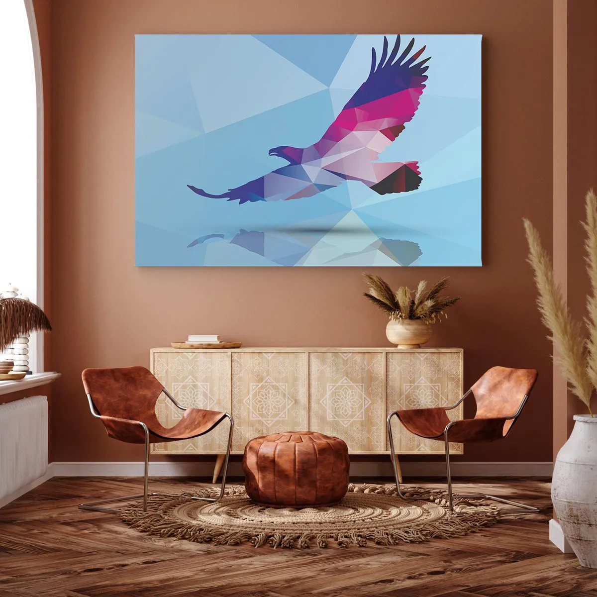 Bild auf Leinwand - Leinwandbild - Geometrische Silhouette eines Adlers im Flug auf blauem Hintergrund - 120x80cm - Adler in lila Kristall - Moderne Wanddekoration für Wohnzimmer und Schlafzimmer ARTTOR