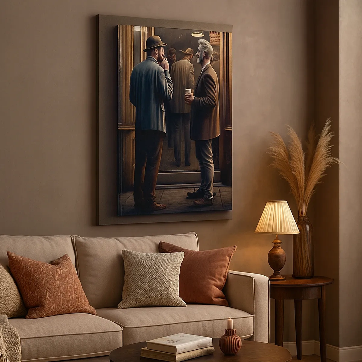 Bild auf Leinwand - Leinwandbild - Straßenszene mit Menschen vor einem Retro-Café - 50x70cm - Gute Zeit des Tages - Moderne Wanddekoration für Wohnzimmer und Schlafzimmer ARTTOR