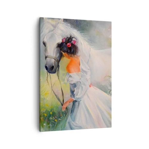 Bild auf Leinwand - Leinwandbild - Eine Frau mit einem weißen Pferd in einer malerischen Umgebung - 50x70cm - Wie aus einem schönen Traum - Moderne Wanddekoration für Wohnzimmer und Schlafzimmer ARTTOR