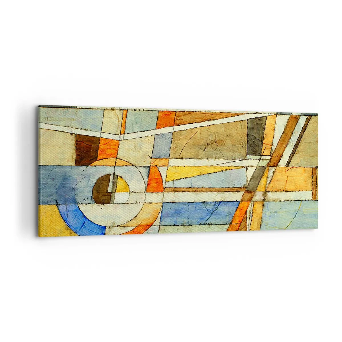 Bild auf Leinwand - Leinwandbild - Geometrische Abstraktion in Beige-, Blau- und Orangetönen - 120x50cm - Kubismus auf der Baustelle - Moderne Wanddekoration für Wohnzimmer und Schlafzimmer ARTTOR