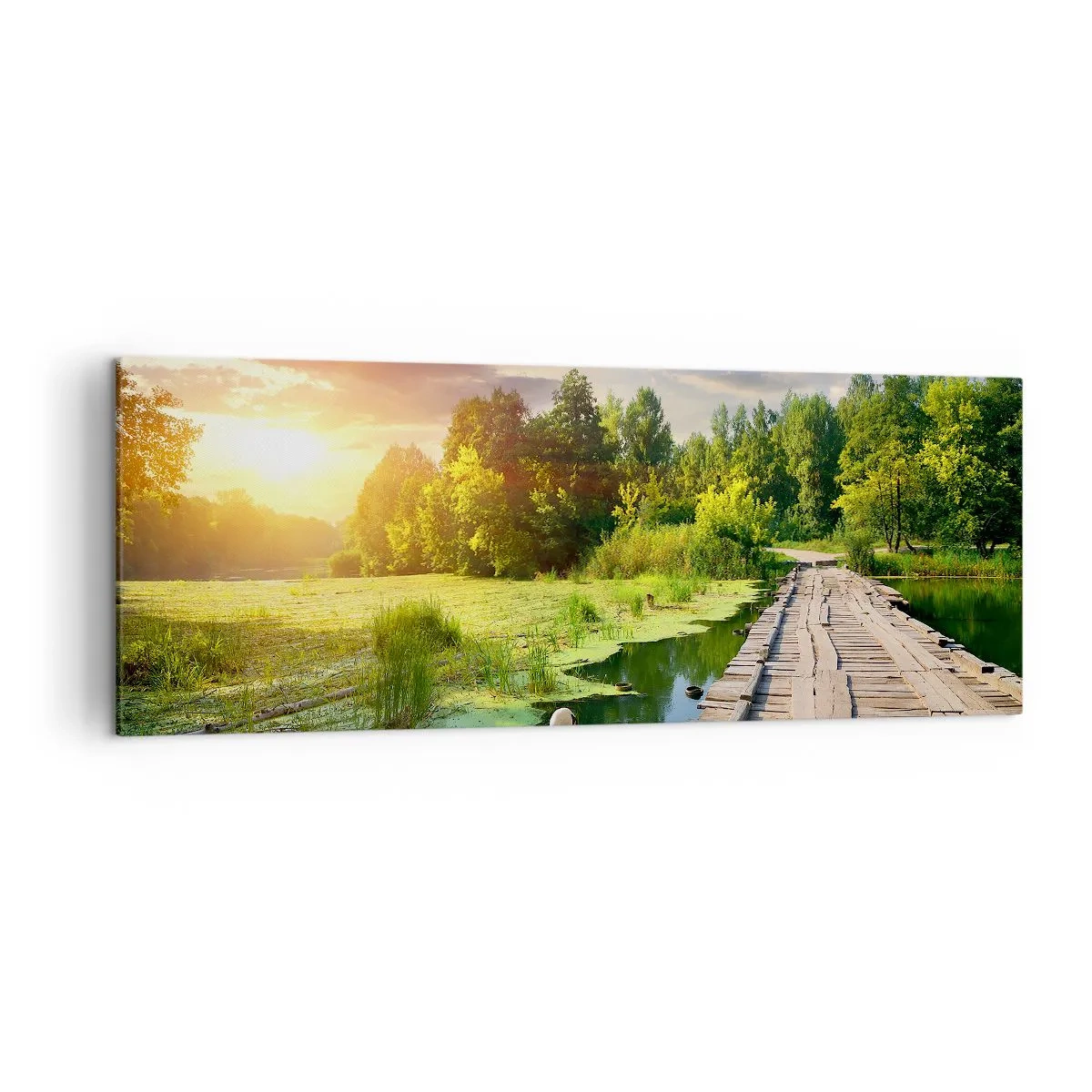 Bild auf Leinwand - Leinwandbild - Eine malerische Landschaft mit einer Brücke und einem Schwan - 140x50cm - Sommer, Sommer überall - Moderne Wanddekoration für Wohnzimmer und Schlafzimmer ARTTOR