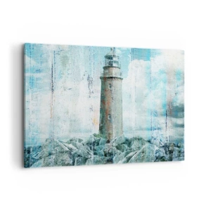Bild auf Leinwand - Leinwandbild - Ein Leuchtturm an einer felsigen Küste in Pastellfarben - 120x80cm - Auf altem Holz - Moderne Wanddekoration für Wohnzimmer und Schlafzimmer ARTTOR