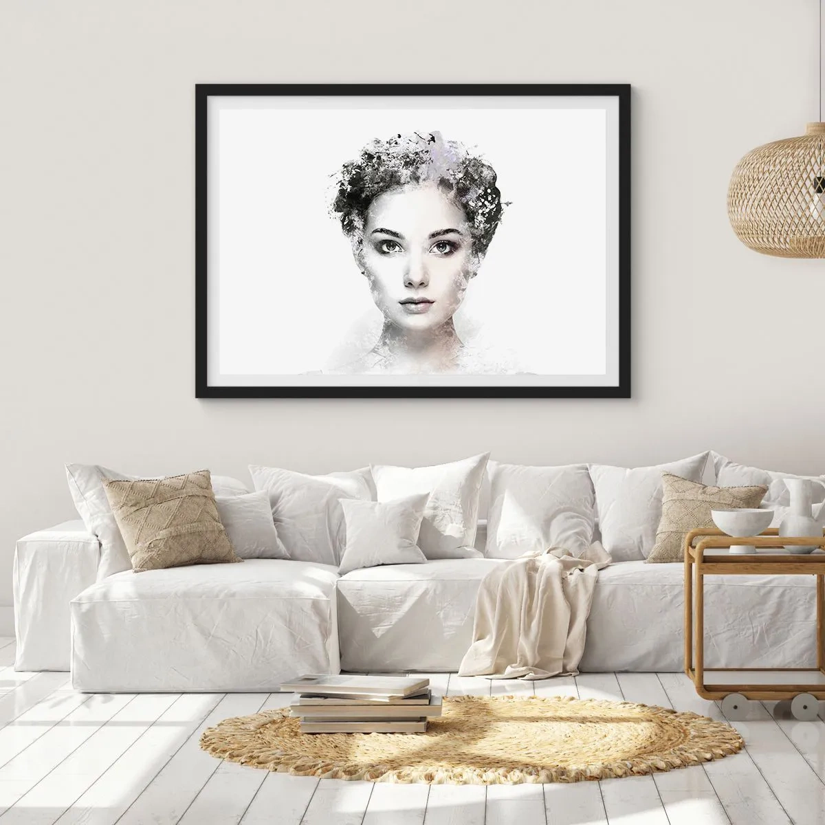 Poster in einem schwarzem Rahmen - Ein künstlerisches Frauenporträt mit zarten abstrakten Akzenten. - 70x50cm - Ein äußerst stilvolles Portrait - Moderne Wanddekoration für Wohnzimmer und Schlafzimmer ARTTOR