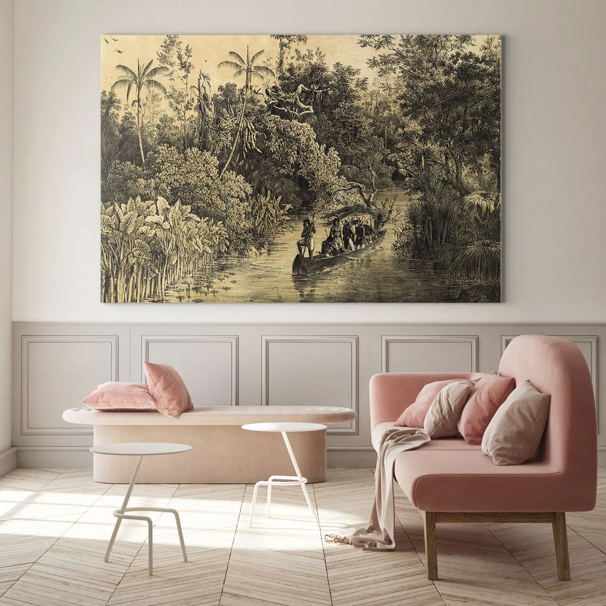 Glasbild - Bild auf glas - Retro-Druck, der eine Reise durch den Dschungel darstellt - 70x50cm - Expedition zur Quelle - Moderne Wanddekoration für Wohnzimmer und Schlafzimmer ARTTOR