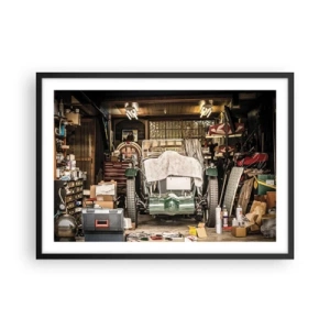 Poster in einem schwarzem Rahmen - Ein altes Auto in einer Garage, umgeben von Werkzeugen und Geräten - 70x50cm - Zurück in die Vergangenheit - Moderne Wanddekoration für Wohnzimmer und Schlafzimmer ARTTOR