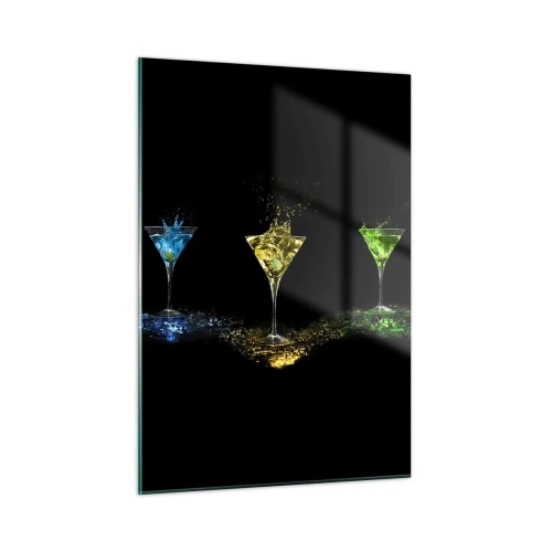 Glasbild - Bild auf glas - Bunte Getränke in Gläsern auf schwarzem Hintergrund - 50x70cm - Farben der Freude in Kristallglas - Moderne Wanddekoration für Wohnzimmer und Schlafzimmer ARTTOR