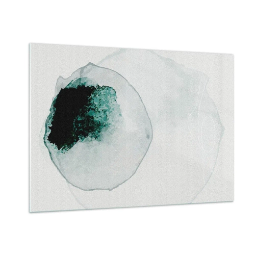 Glasbild - Bild auf glas - Eine abstrakte Form, die einem Wassertropfen in Grüntönen ähnelt. - 100x70cm - In einem Tropfen Wasser - Moderne Wanddekoration für Wohnzimmer und Schlafzimmer ARTTOR