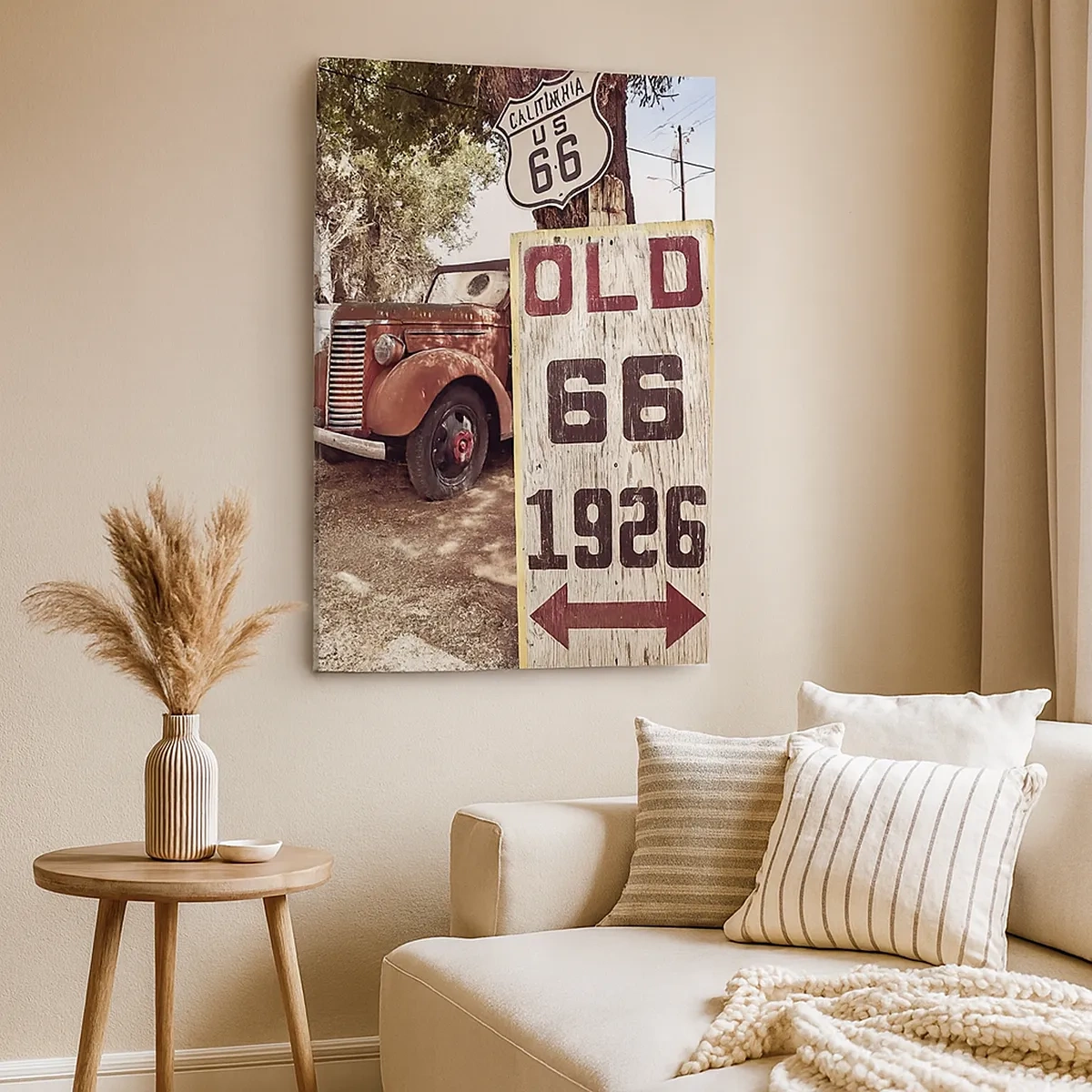 Bild auf Leinwand - Leinwandbild - Retro-Auto und Route 66-Schild in rustikalem Ambiente - 50x70cm - Die Legende der amerikanischen Provinz - Moderne Wanddekoration für Wohnzimmer und Schlafzimmer ARTTOR