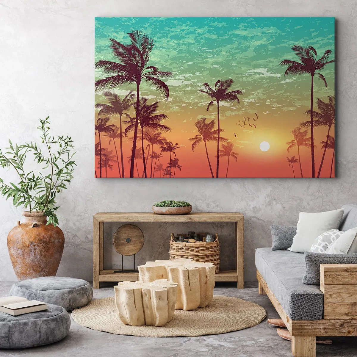 Bild auf Leinwand - Leinwandbild - Sonnenuntergang mit Palmen vor einem bunten Himmel - 120x80cm - Tropische Stimmung - Moderne Wanddekoration für Wohnzimmer und Schlafzimmer ARTTOR