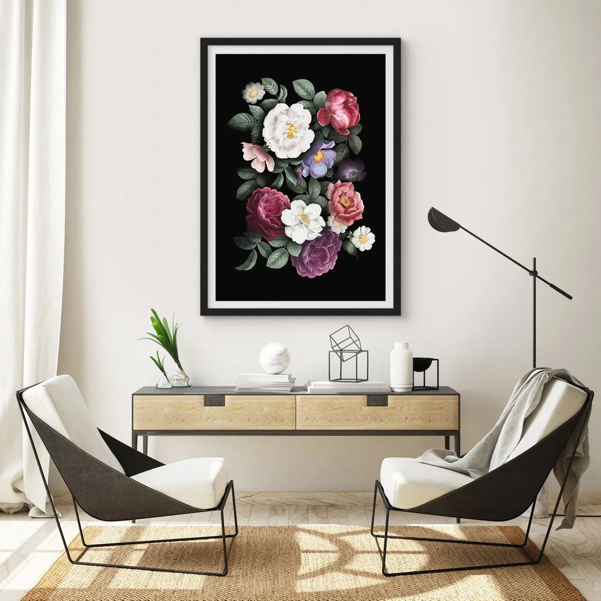 Poster in einem schwarzem Rahmen - Ein Blumenstrauß auf schwarzem Hintergrund im Vintage-Stil - 50x70cm - Aus dem Englischen Garten - Moderne Wanddekoration für Wohnzimmer und Schlafzimmer ARTTOR