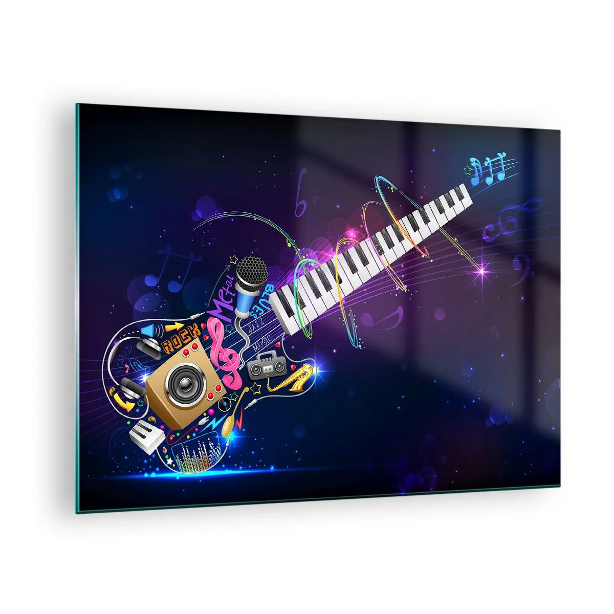 Glasbild - Bild auf glas - Bunte Musikkomposition mit Instrumenten und Noten - 70x50cm - Und alles ist gut - Moderne Wanddekoration für Wohnzimmer und Schlafzimmer ARTTOR