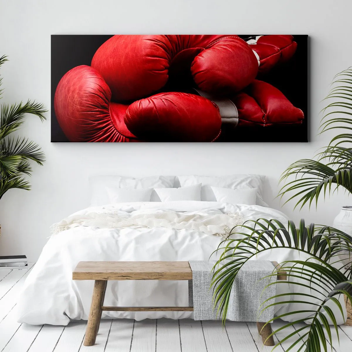Bild auf Leinwand - Leinwandbild - Rote Boxhandschuhe auf schwarzem Hintergrund - 140x50cm - Die Emotionen des Kampfes liegen hinter uns - Moderne Wanddekoration für Wohnzimmer und Schlafzimmer ARTTOR