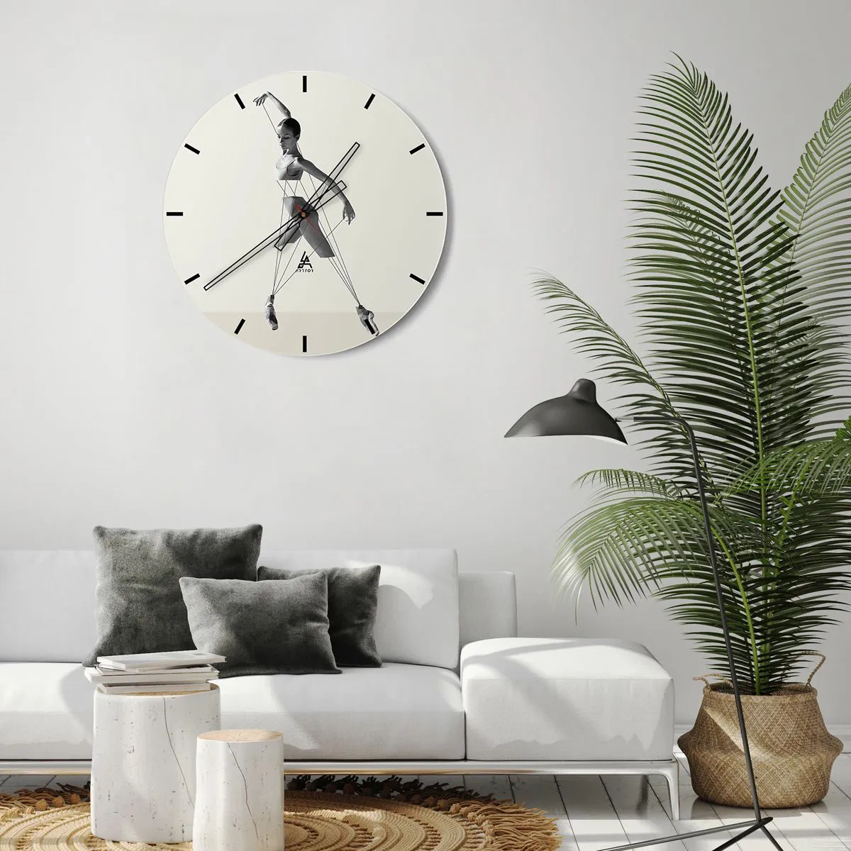 Wanduhr - Glasuhr - Eine schwarz-weiße Ballerina im Stil einer Marionette auf hellem Hintergrund. - 30x30cm - Im Theater der Welt - Moderne Wanddekoration für Wohnzimmer, Küche und Schlafzimmer ARTTOR