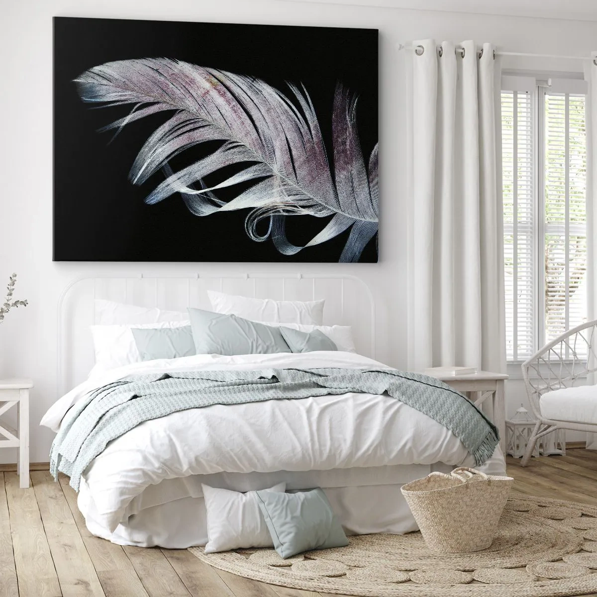 Bild auf Leinwand - Leinwandbild - Eine zarte Feder auf schwarzem Hintergrund in einem künstlerischen Ansatz - 100x70cm - Denke an Berührung - Moderne Wanddekoration für Wohnzimmer und Schlafzimmer ARTTOR