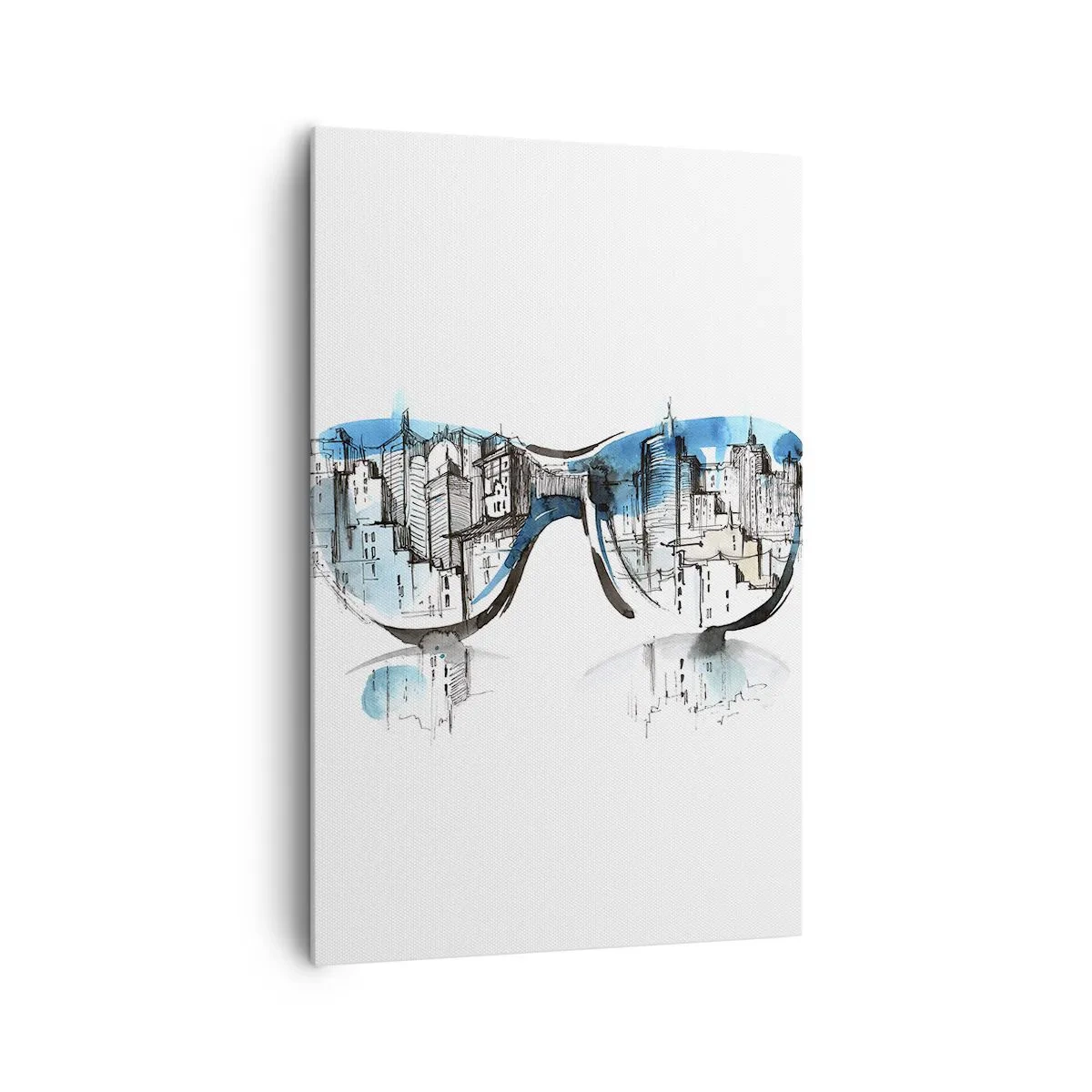 Bild auf Leinwand - Leinwandbild - Aquarell des Stadtpanoramas, das sich in den Gläsern spiegelt - 80x120cm - Großstadt-Chic - Moderne Wanddekoration für Wohnzimmer und Schlafzimmer ARTTOR