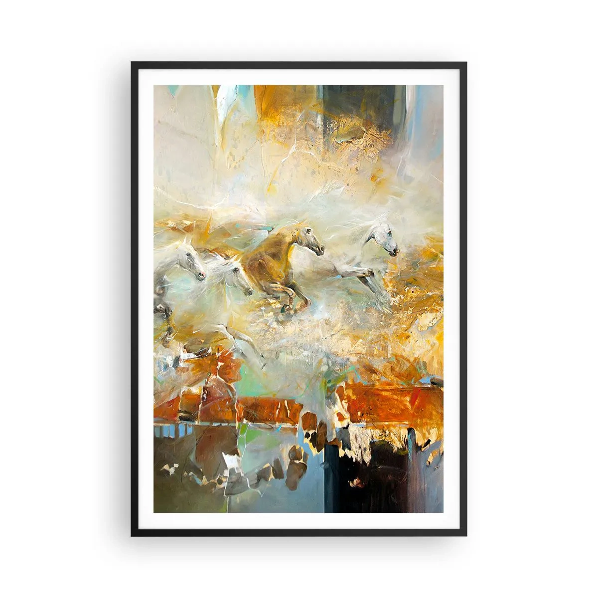 Poster in einem schwarzem Rahmen - Im Galopp durch das Licht - 70x100 cm