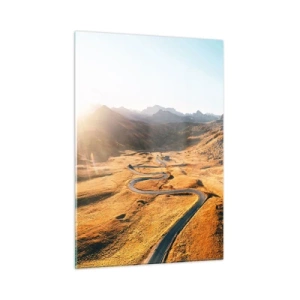 Glasbild - Bild auf glas - Eine kurvenreiche Straße in einem goldenen, von der Sonne beleuchteten Tal - 50x70cm - In einem goldenen Tal - Moderne Wanddekoration für Wohnzimmer und Schlafzimmer ARTTOR