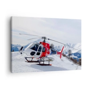 Bild auf Leinwand - Leinwandbild - Ein roter Hubschrauber vor einer verschneiten Berglandschaft. - 70x50cm - Immer bereit - Moderne Wanddekoration für Wohnzimmer und Schlafzimmer ARTTOR
