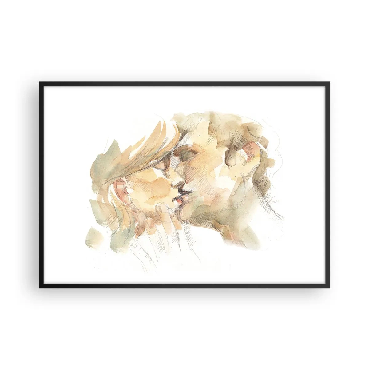 Poster in einem schwarzem Rahmen - Romantisches Aquarellporträt eines sich küssenden Paares - 100x70cm - Hälfte gefunden? - Moderne Wanddekoration für Wohnzimmer und Schlafzimmer ARTTOR