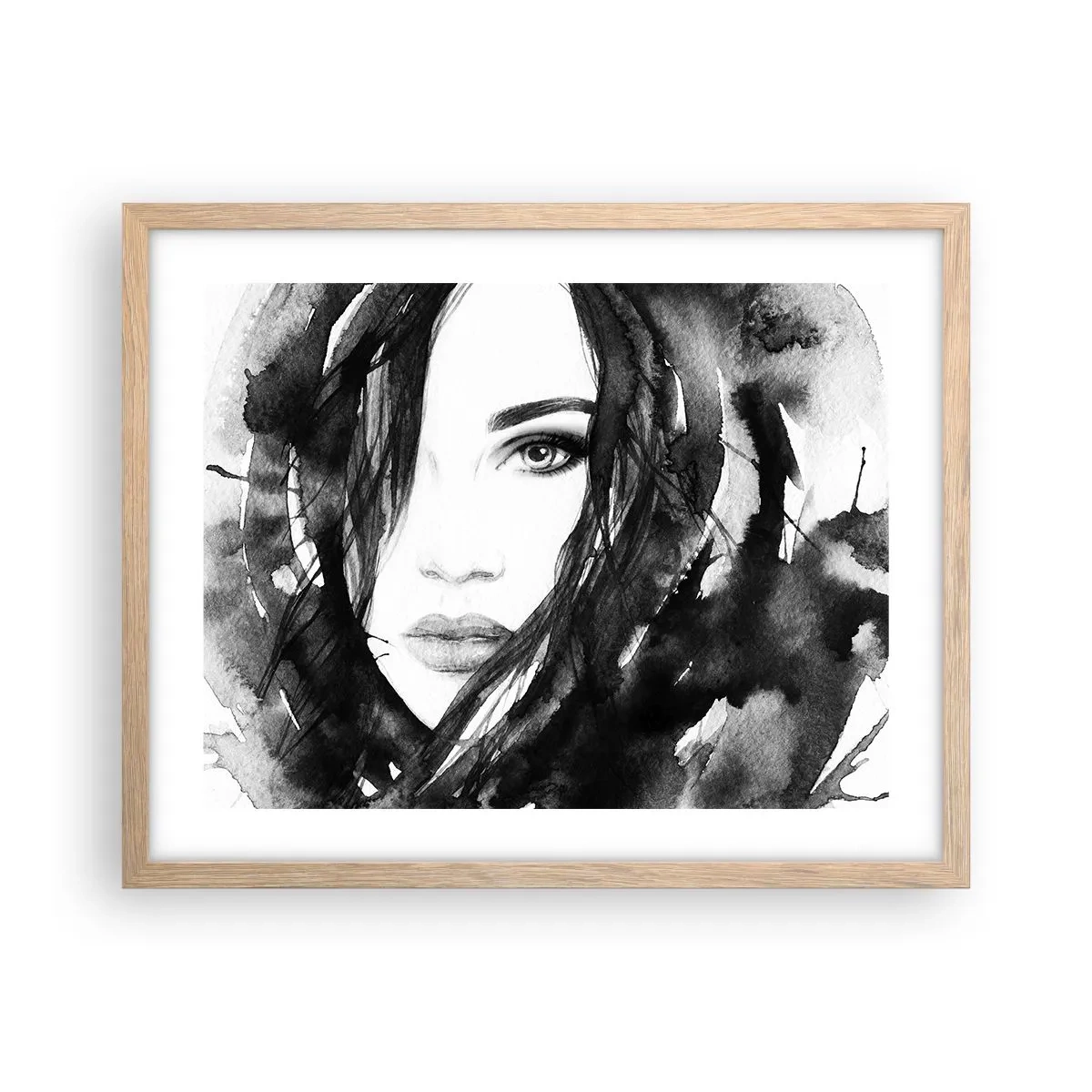 Poster in einem Rahmen aus heller Eiche - Porträt einer Dame in Schwarzweiß - 50x40 cm